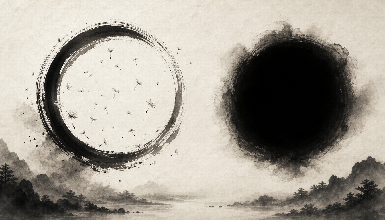 Contrast of kuu and mu shapes illustrating kanji ku emptiness versus nothingness