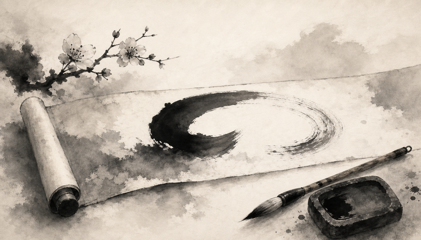Calligraphy brush and scroll in sumi-e for choosing a kanji ku emptiness soul symbol