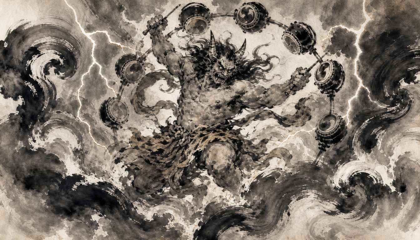Raijin the Japanese thunder god embodying the kaminari meaning of the thunder kanji