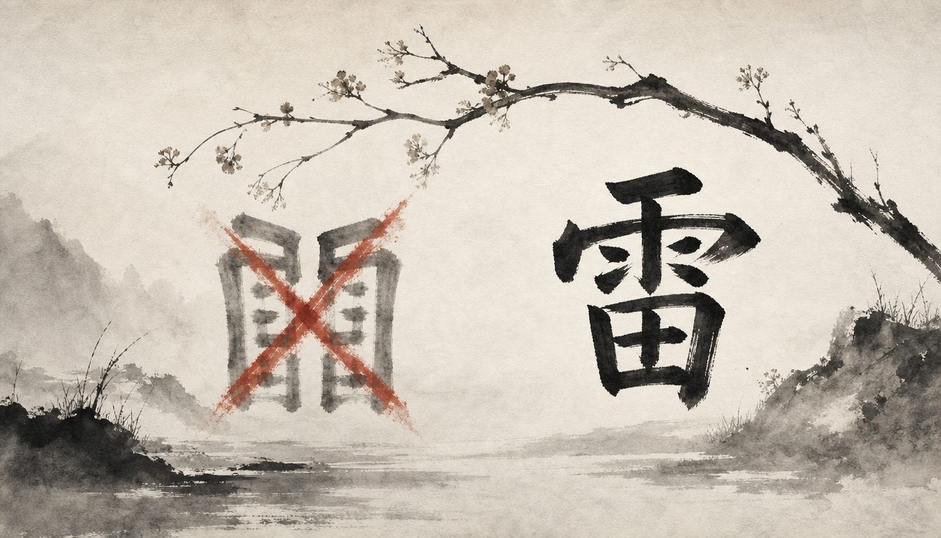Correct versus mirrored thunder kanji showing common misunderstandings of kanji kaminari