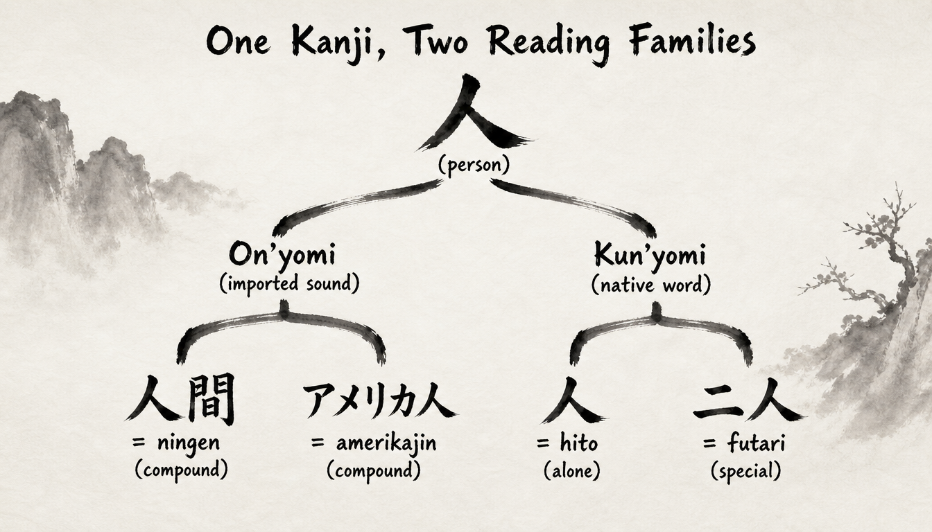 Hierarchy diagram showing how to read kanji through on'yomi and kun'yomi reading families