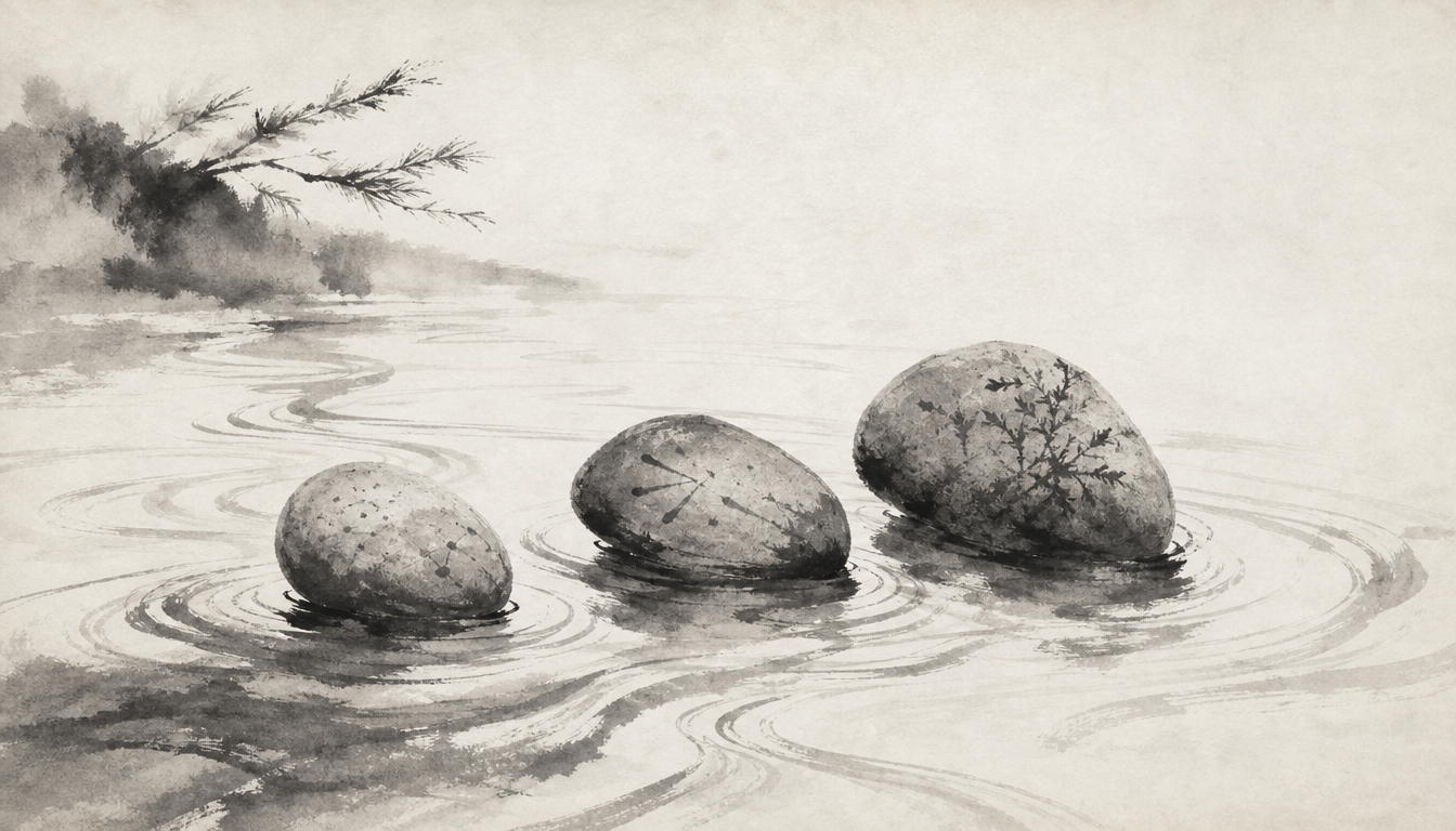 Three stones in water symbolizing the scripts you need to know when learning how to read kanji