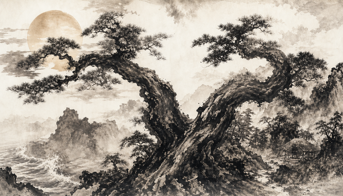 A pine tree splitting into two branches symbolizing on'yomi and kun'yomi when learning how to read kanji