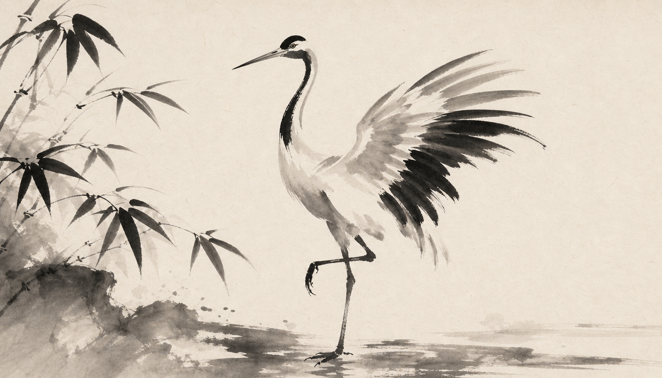 A crane painted in ordered strokes illustrating stroke order practice for how to read kanji