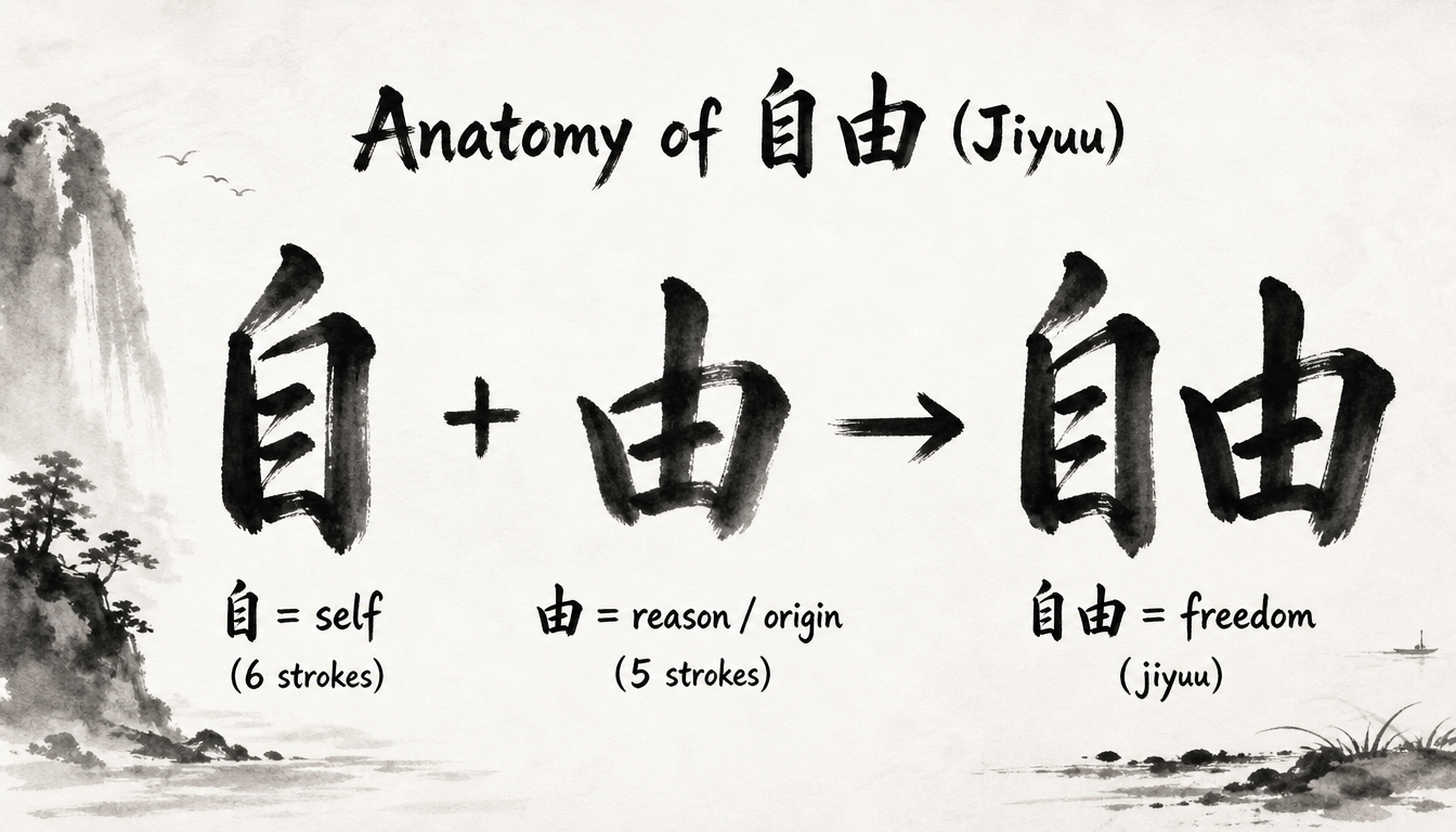 Infographic breaking down the kanji for freedom 自由 into self and reason