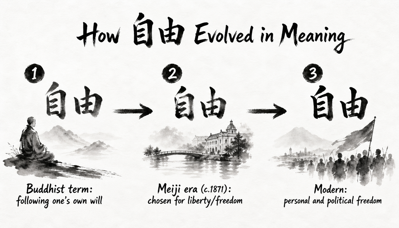 Process diagram of how the kanji for freedom 自由 evolved in meaning over time
