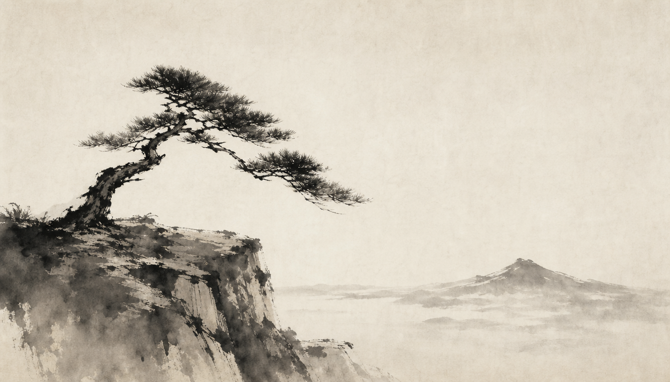 Sumi-e wind-bent pine tree evoking the meaning of the kanji for freedom