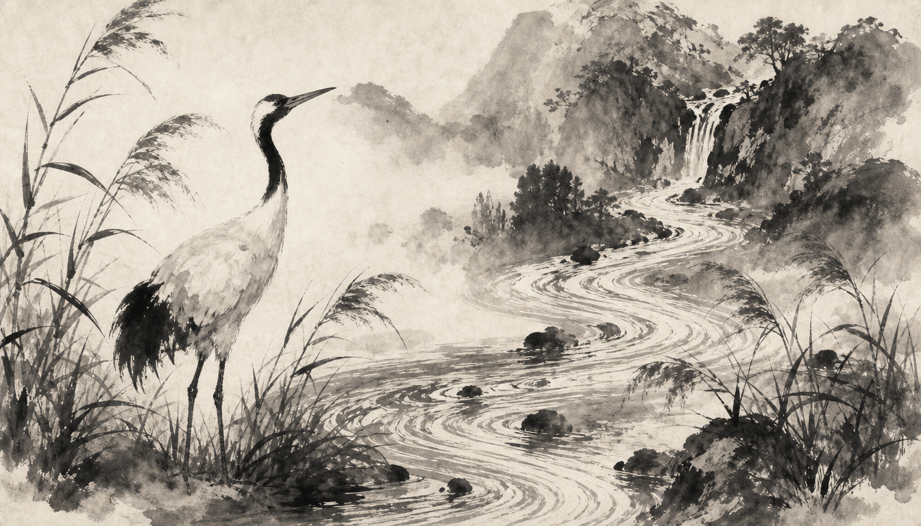 Sumi-e crane and river illustrating self and origin in the kanji for freedom
