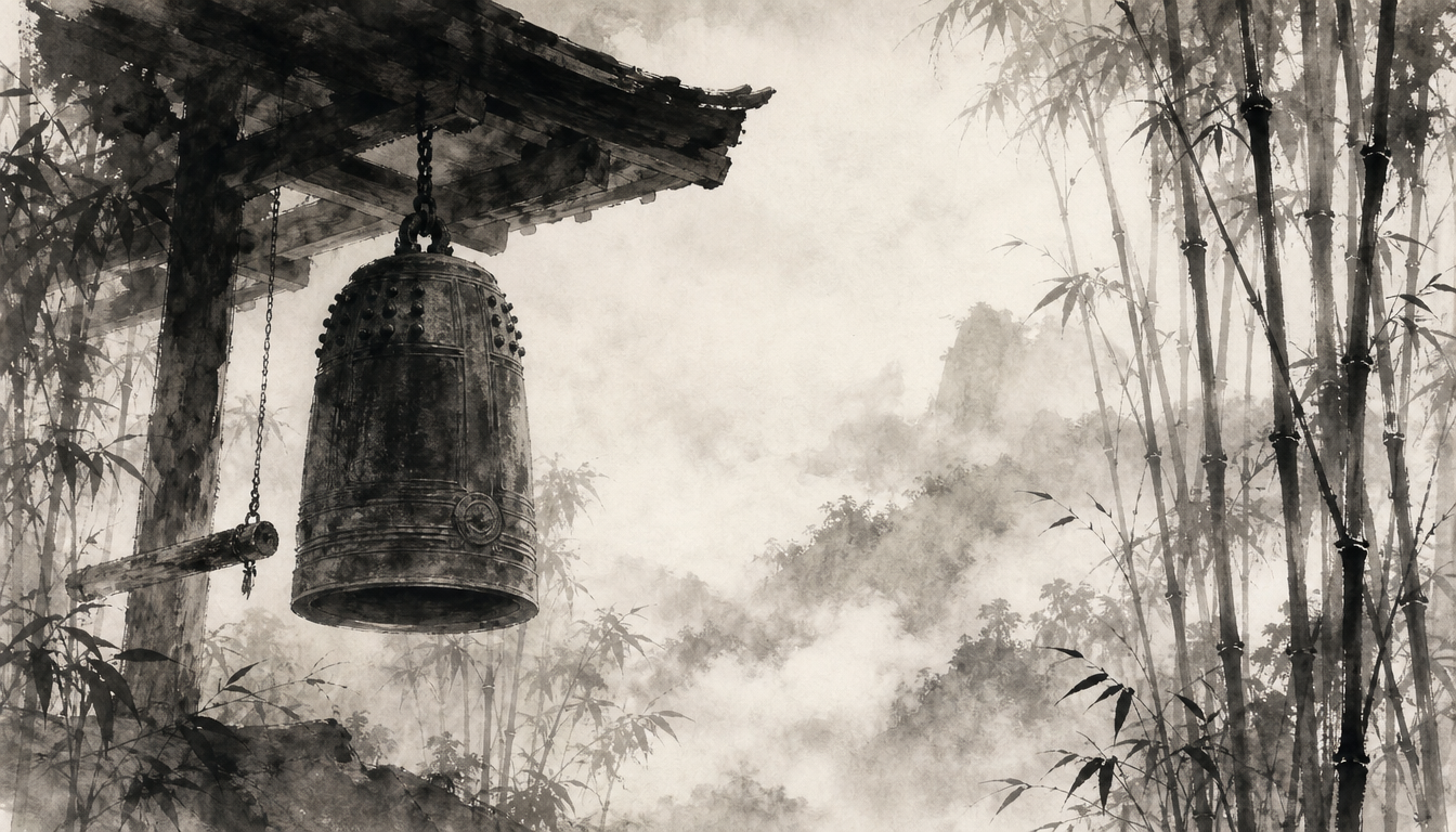 Sumi-e temple bell in bamboo grove for the Buddhist origins of the kanji for freedom