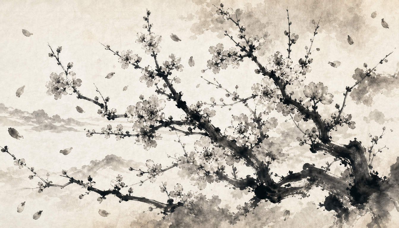Sumi-e plum blossoms representing compound words of the kanji for freedom