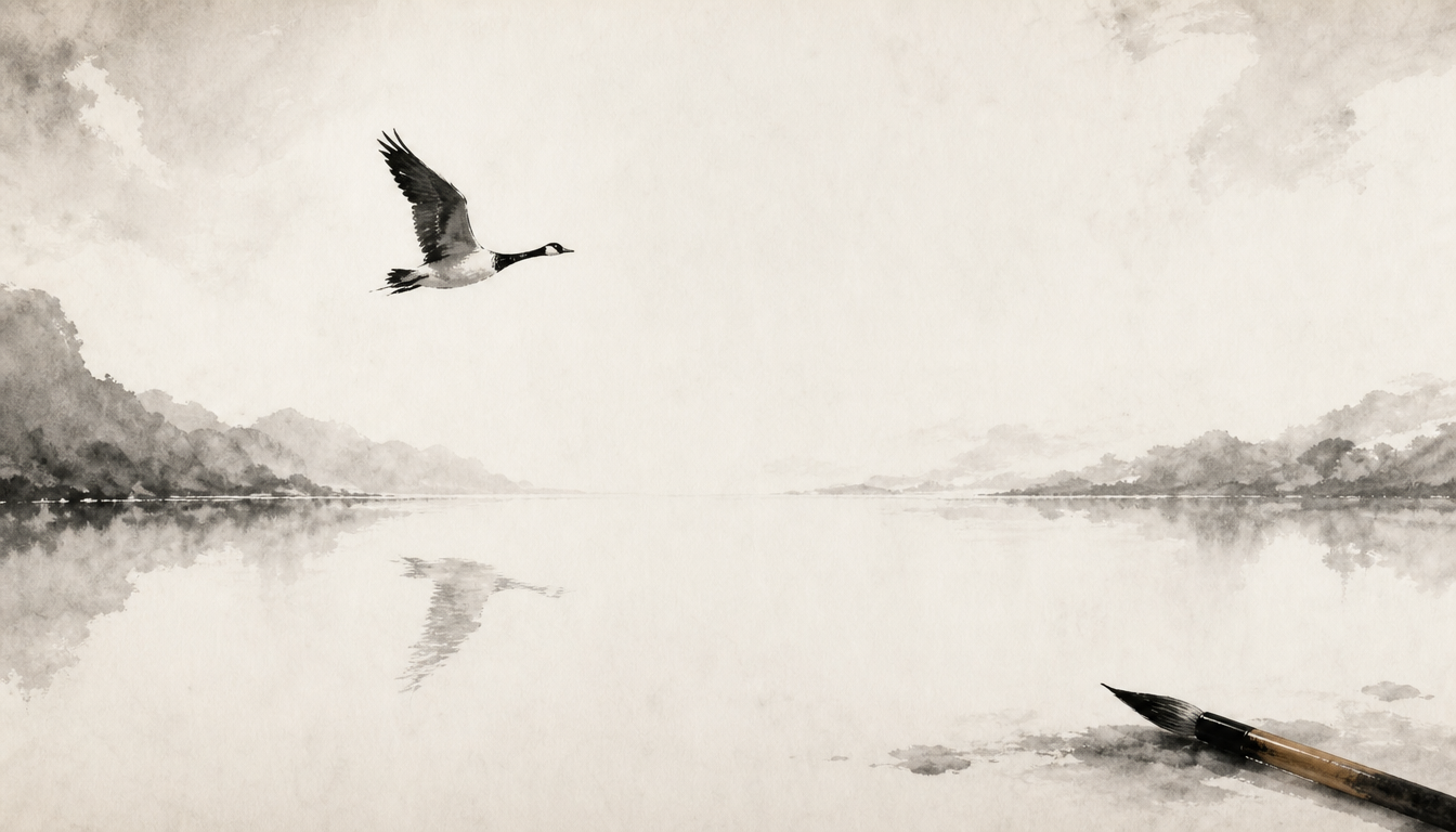 Sumi-e lone goose in open sky symbolizing self-discovery and the kanji for freedom