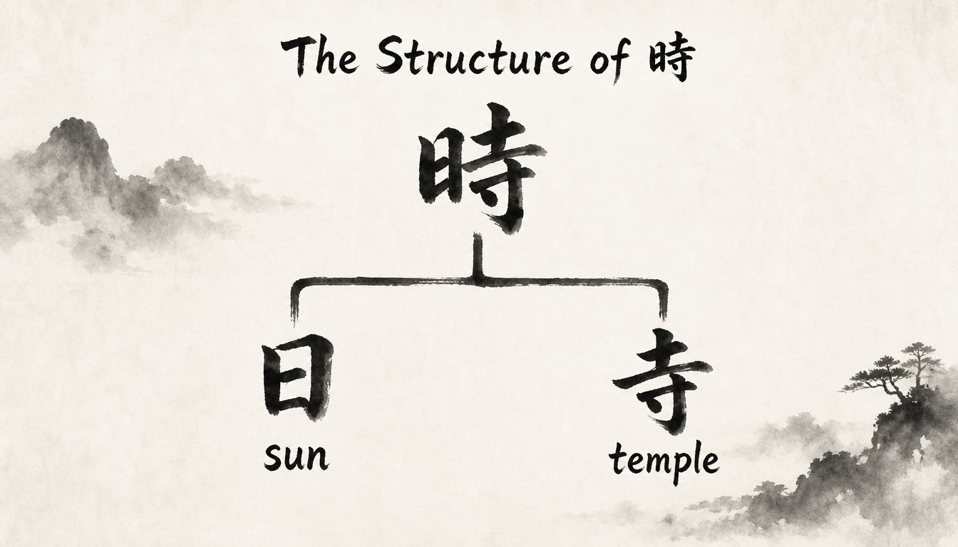 Component breakdown diagram of the kanji for time 時 into sun and temple