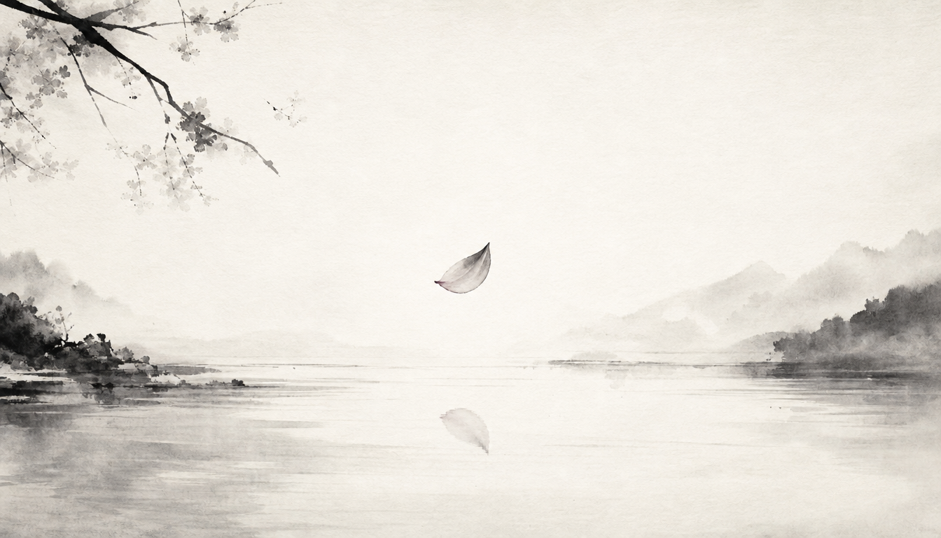 Falling petal over water symbolizing the fleeting moment in the kanji for time