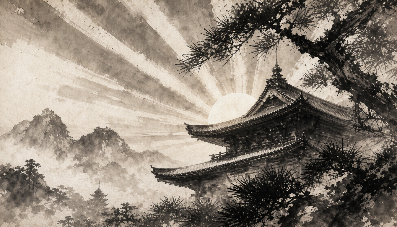 Sun behind an ancient temple illustrating the structure of the kanji for time