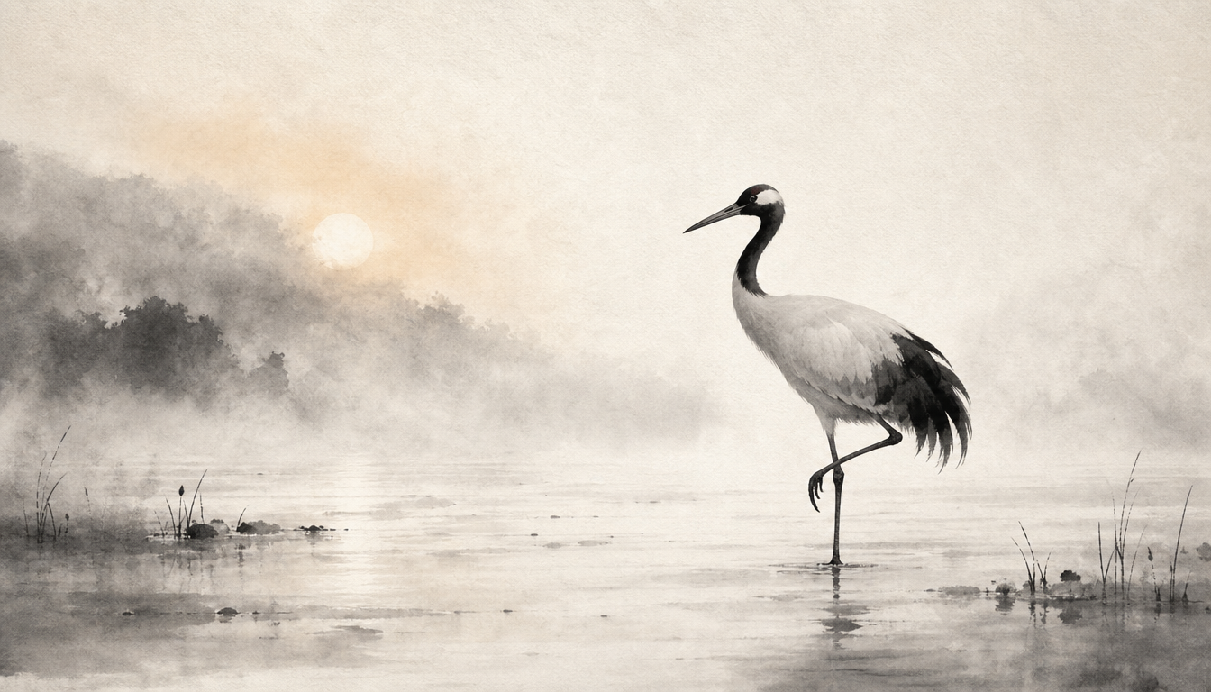 Crane at dawn evoking the readings of the kanji for time toki and ji