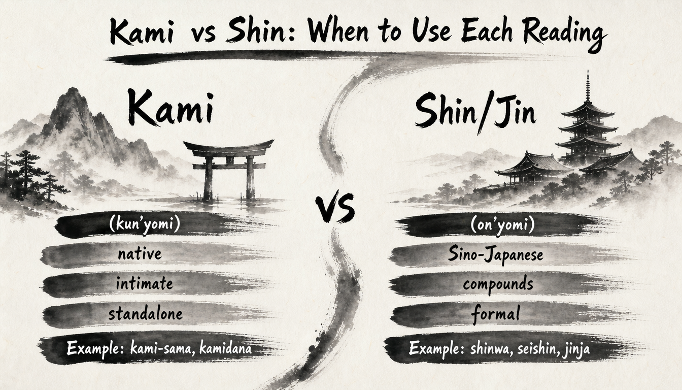 Comparison diagram of kami and shin readings of the god kanji as a japanese spirit symbol
