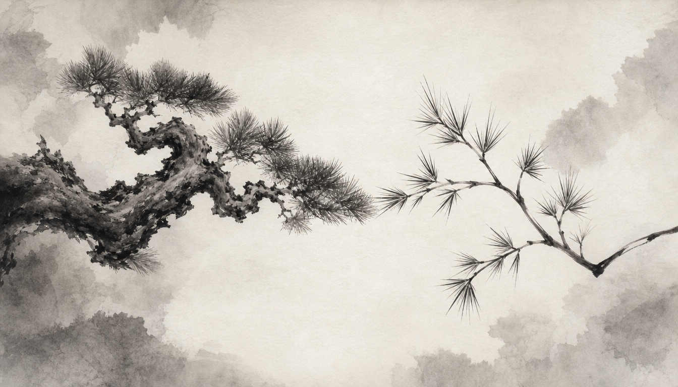 Two pine branches in sumi-e style symbolizing kami and shin readings of the god kanji