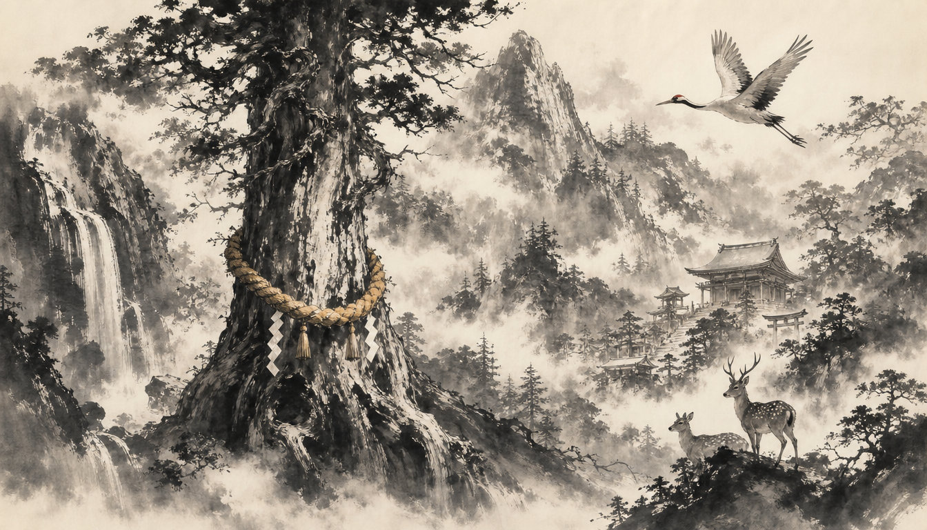 Sumi-e landscape illustrating kami meaning as Shinto deities and natural phenomena