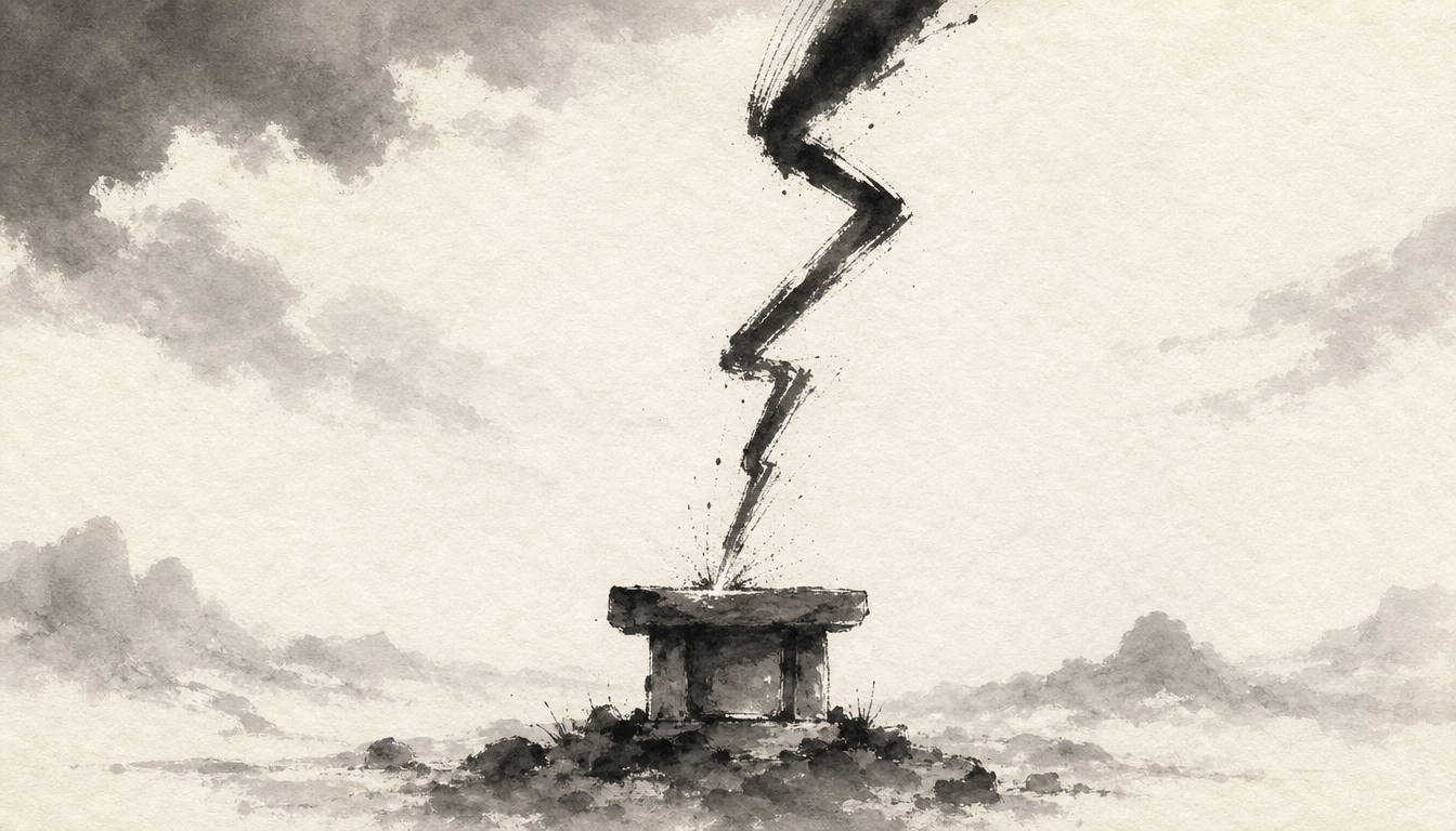 Lightning striking an altar in sumi-e illustrating the oracle bone origin of kanji kami