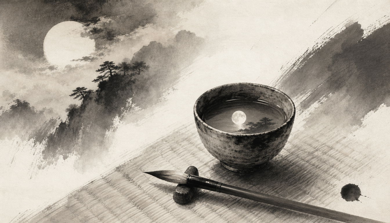 Quiet sumi-e still life suggesting personal practice with the kami japanese spirit symbol