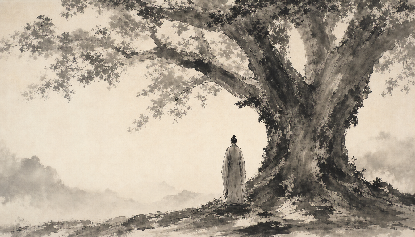 Figure beneath ancient tree in sumi-e depicting personal connection to the kami meaning