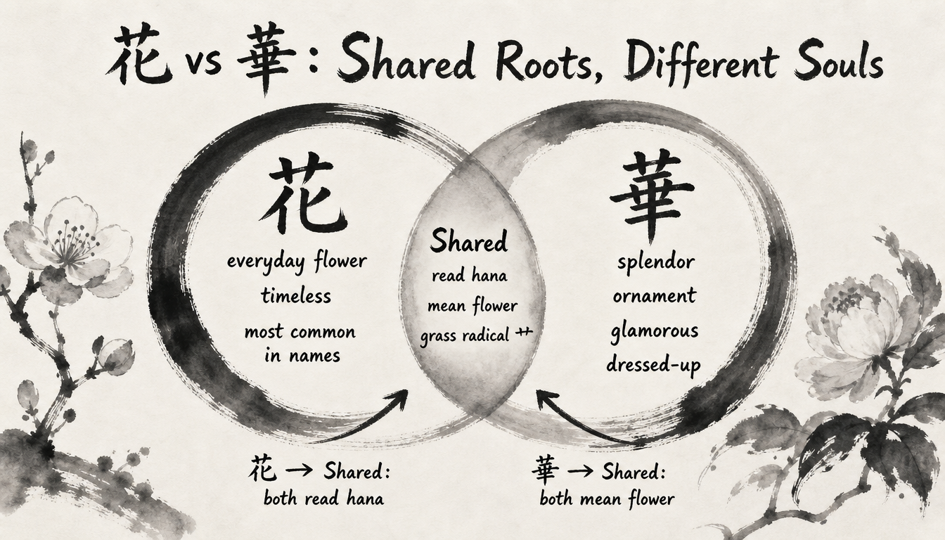 Venn diagram comparing the hana kanji variants 花 and 華 by meaning and usage