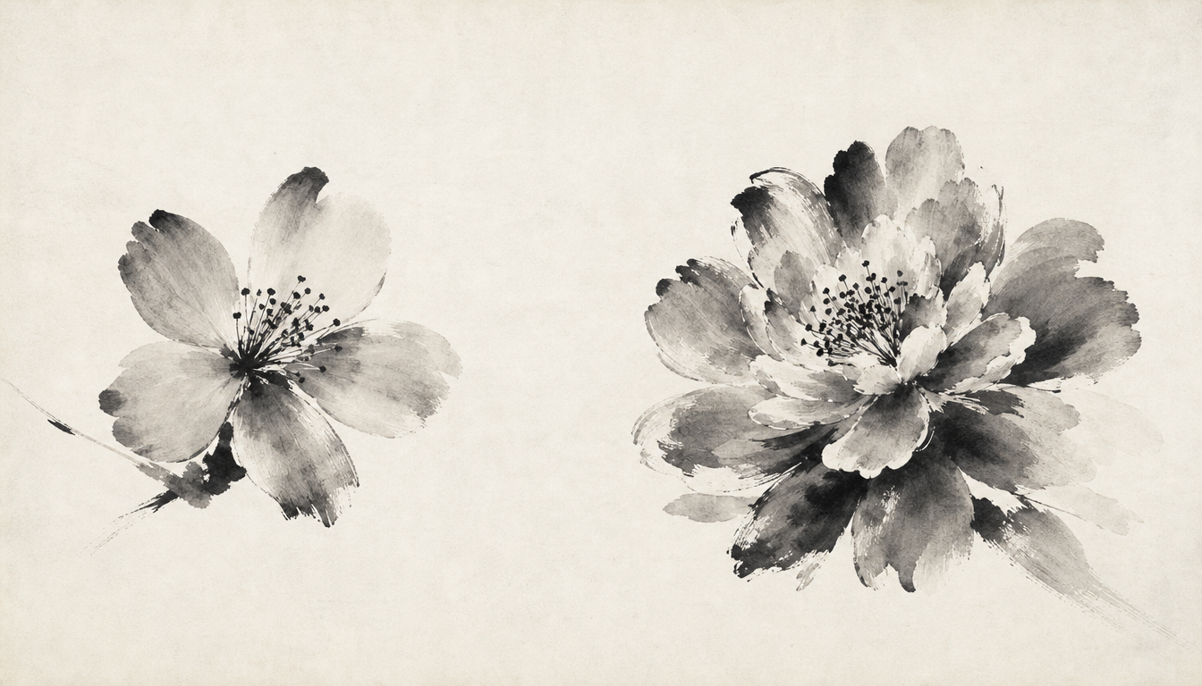 Two hana kanji variants shown as simple and ornate ink blossoms side by side