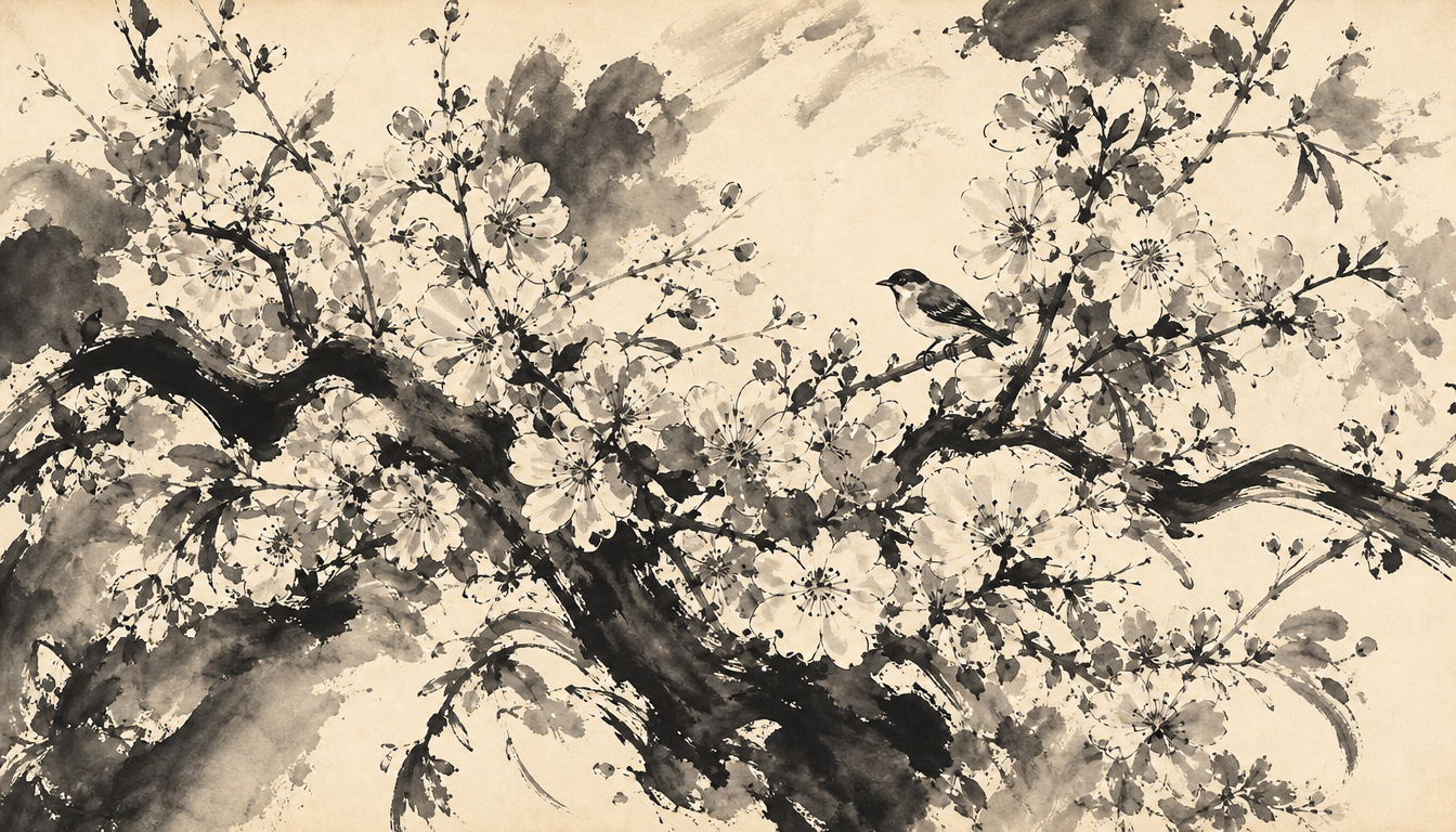 Ink wash flowering branch evoking the splendor of the 華 hana kanji variant