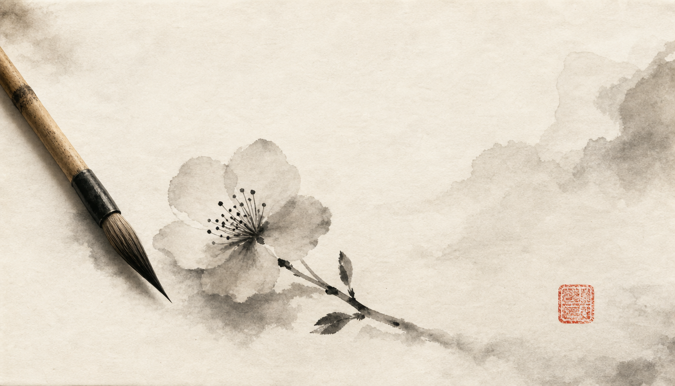 Calligraphy brush and blossom illustrating how to write hana kanji variants in names
