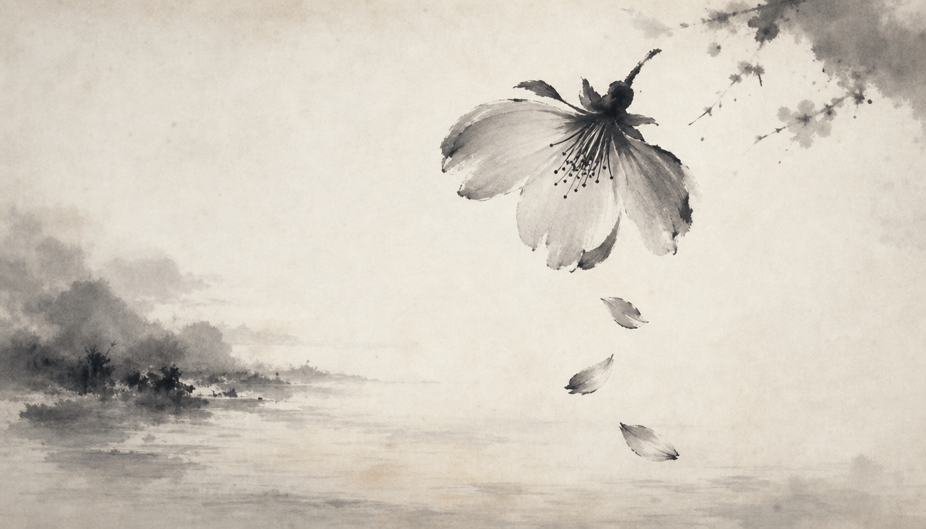 Falling cherry blossom in ink representing a flower hana kanji variant tattoo symbol