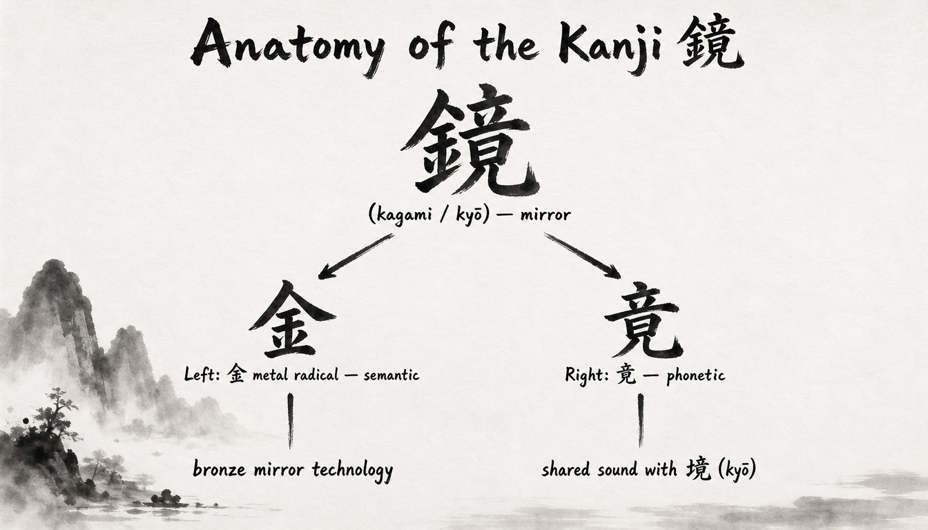 Diagram breaking down the kanji kagami mirror character 鏡 into radical 金 and phonetic 竟