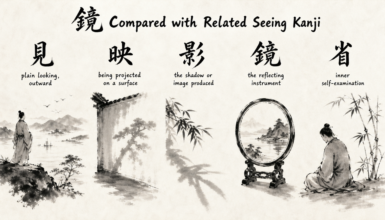 Comparison chart of kanji kagami mirror 鏡 against 影, 映, 見 and 省