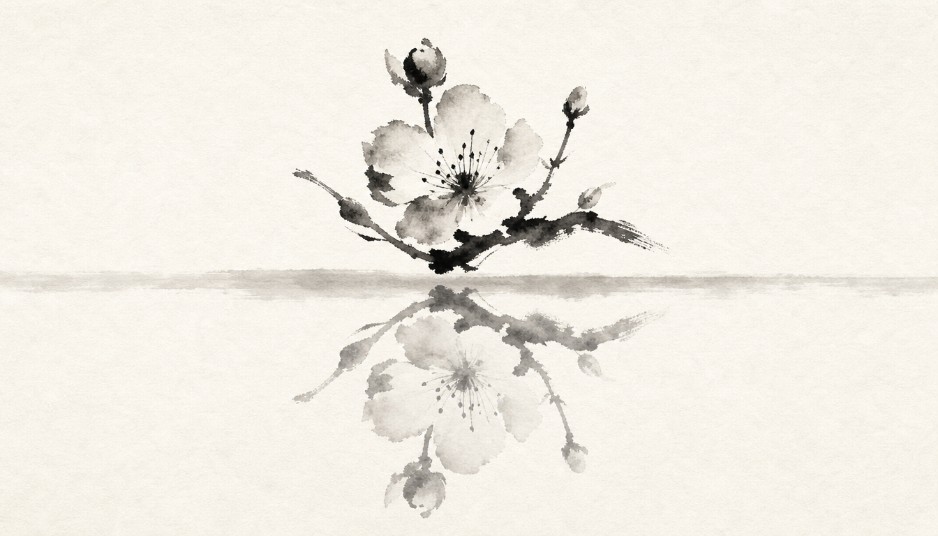 Mirrored plum blossoms in sumi-e evoking the kanji kagami mirror symbolism of reflection