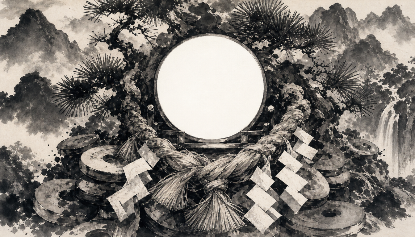 Dense sumi-e of sacred pine, rope and bronze discs around the kanji kagami mirror motif