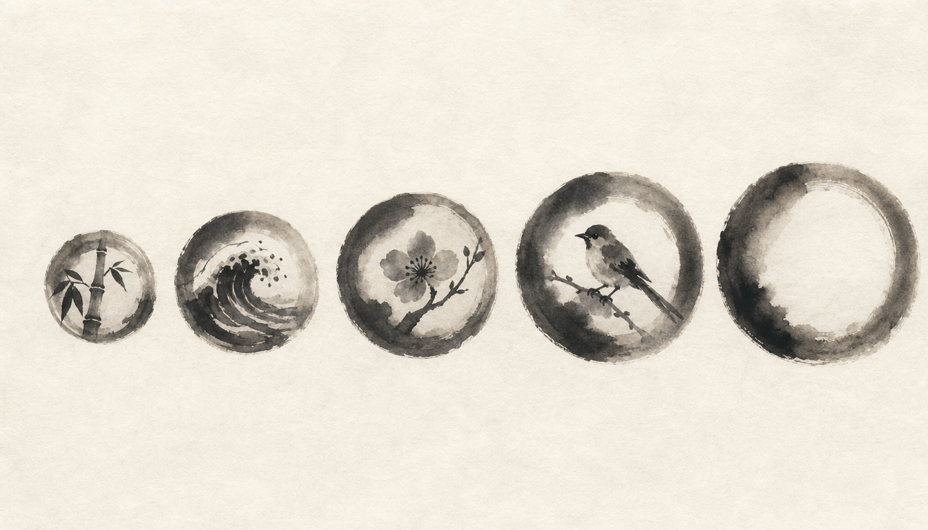 Row of ink circles with brushed motifs illustrating kanji kagami mirror compound words
