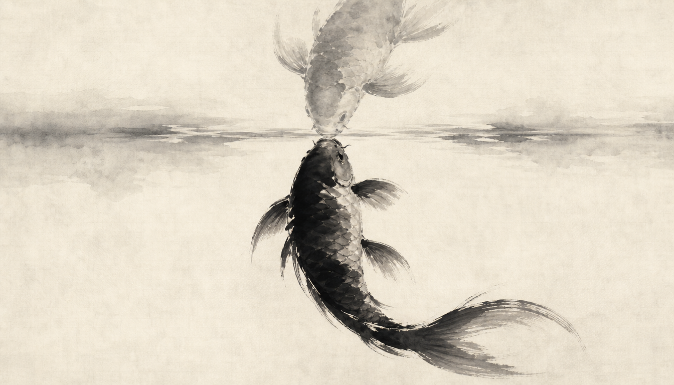 Koi and its reflection in sumi-e representing kanji kagami mirror and self-examination