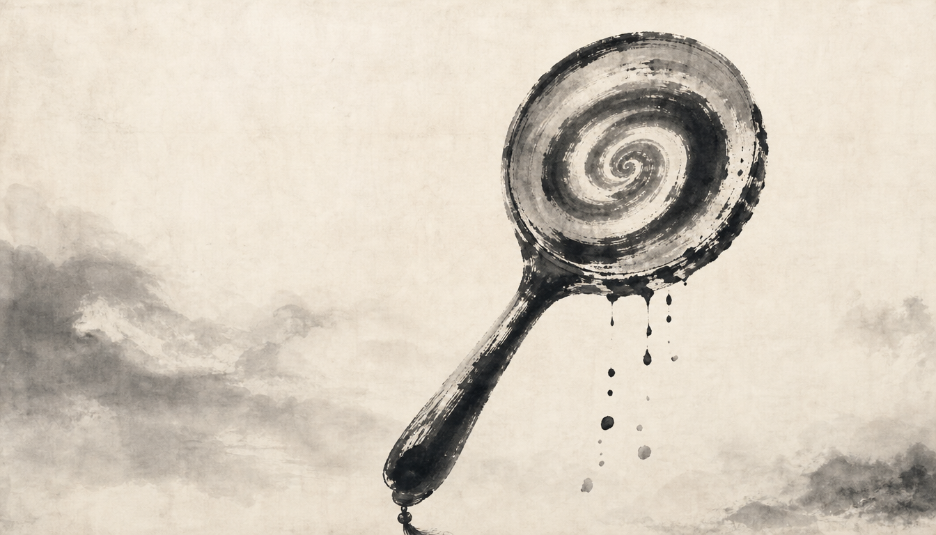 Sumi-e hand mirror with spiraling ink, symbol of the kanji kagami mirror as a personal emblem