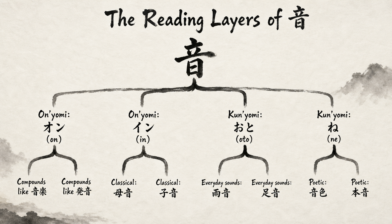 Hierarchy diagram of on'yomi and kun'yomi readings showing full oto kanji meaning structure