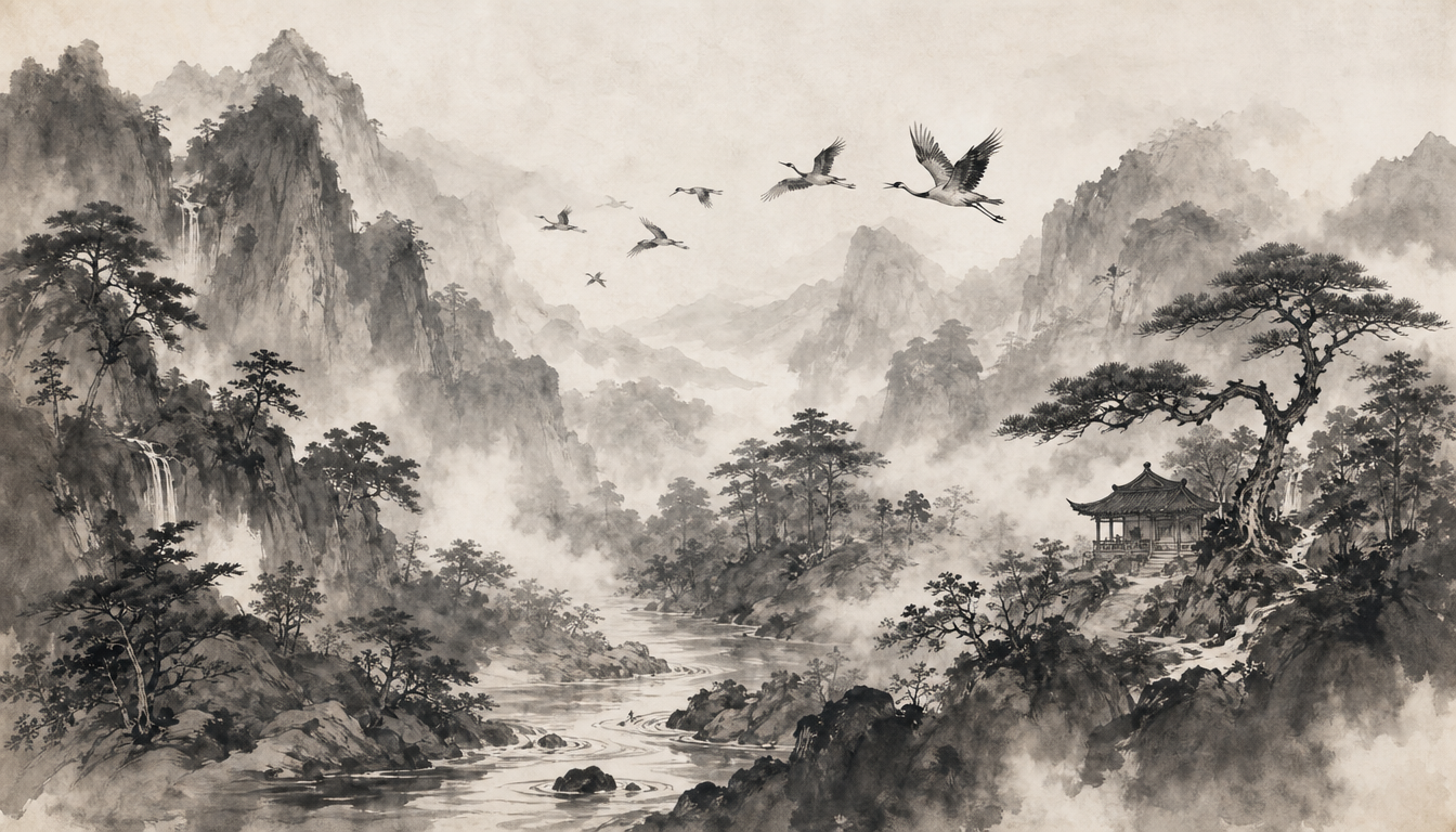 Dense sumi-e mountain scene evoking layered natural sounds and oto kanji meaning