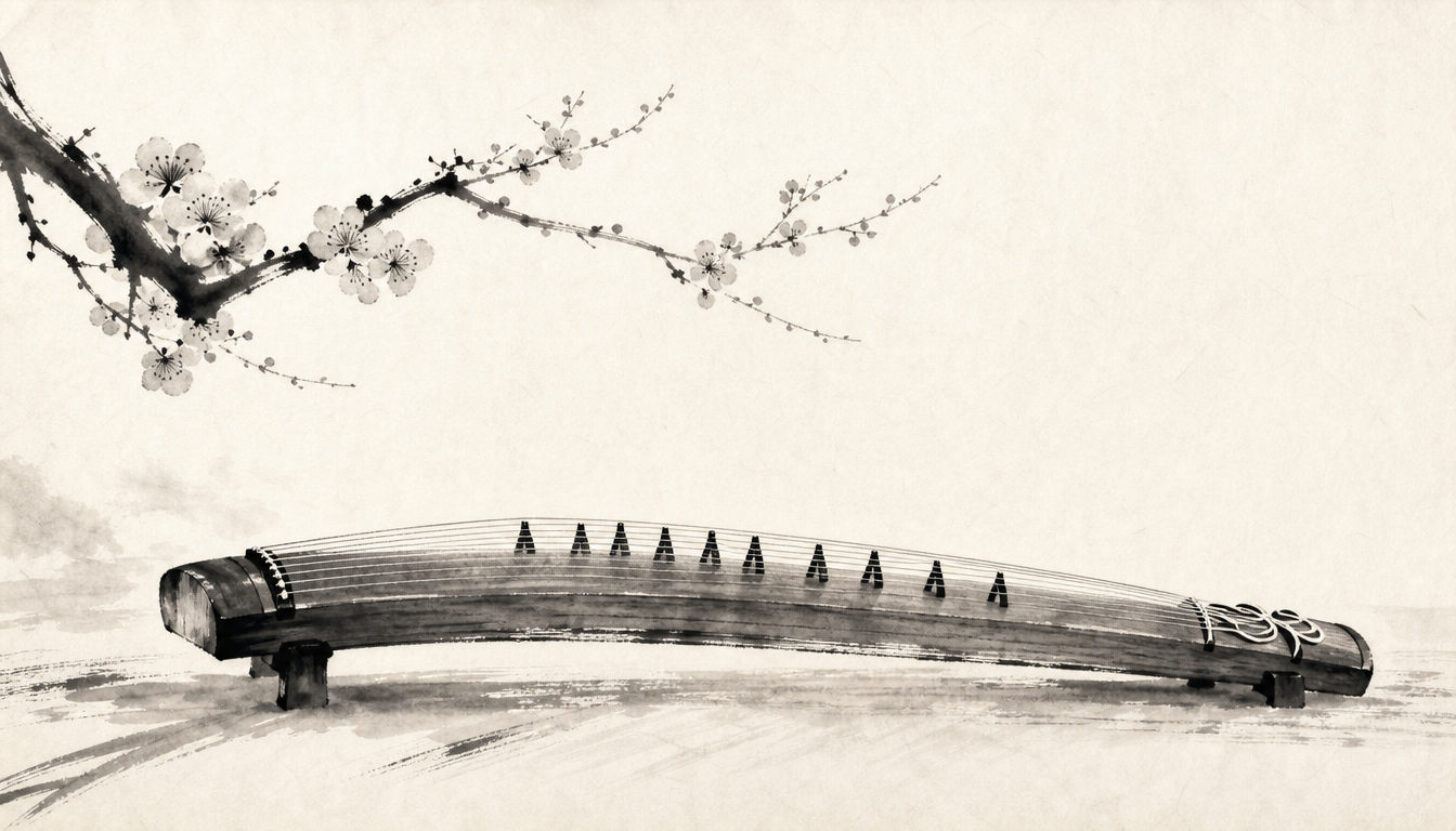 Minimalist sumi-e koto and plum branch representing oto kanji meaning