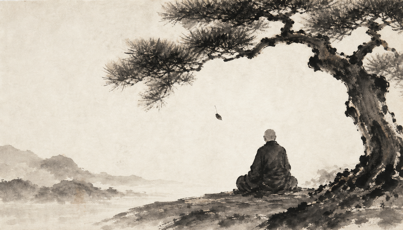Sumi-e monk beneath pine tree with falling leaf symbolizing oto kanji meaning