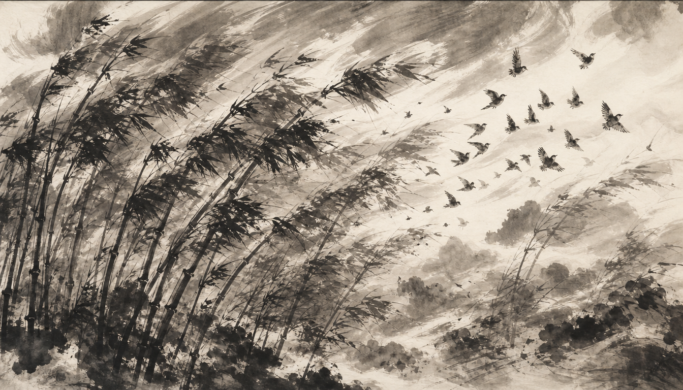 Dense sumi-e bamboo grove in wind illustrating dynamic oto kanji meaning