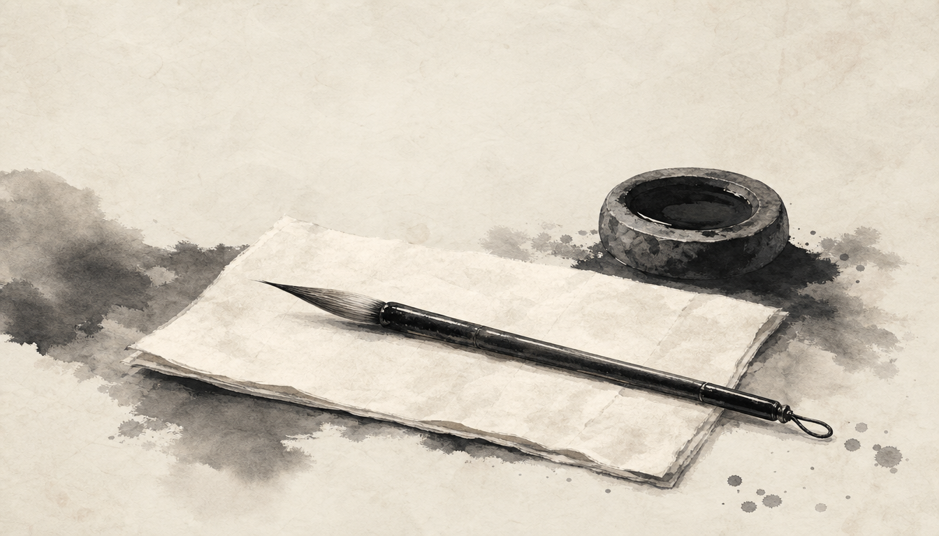 Sumi-e brush and paper representing the writing of oto kanji meaning