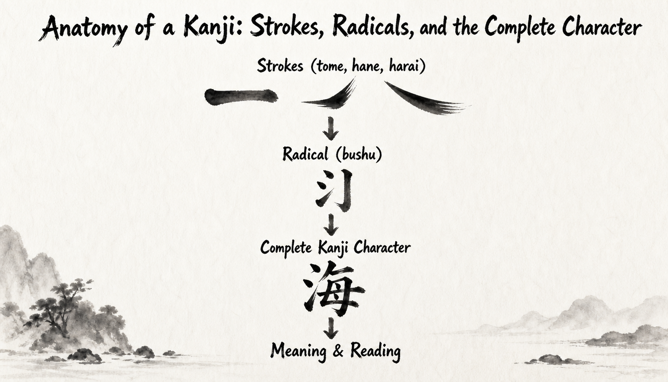 Diagram showing kanji strokes and radicals for choosing kanji tattoo ideas