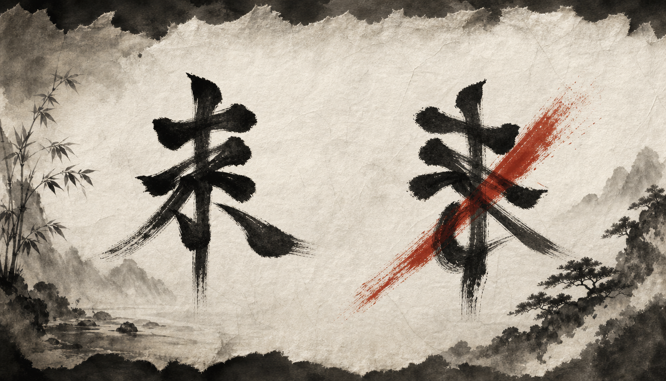 Correct versus mirrored kanji comparison for avoiding tattoo mistakes