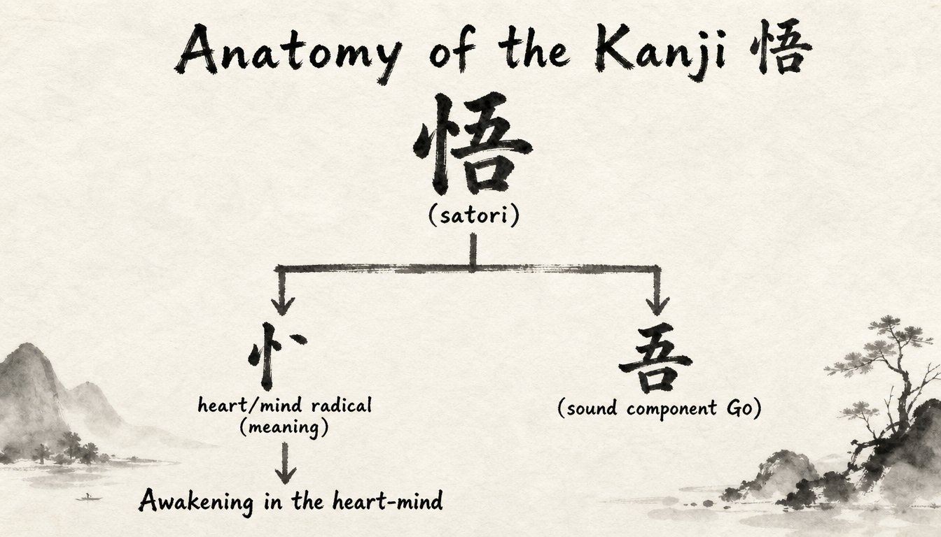 Diagram breaking down 悟 the japanese symbol for enlightenment into radical and sound parts