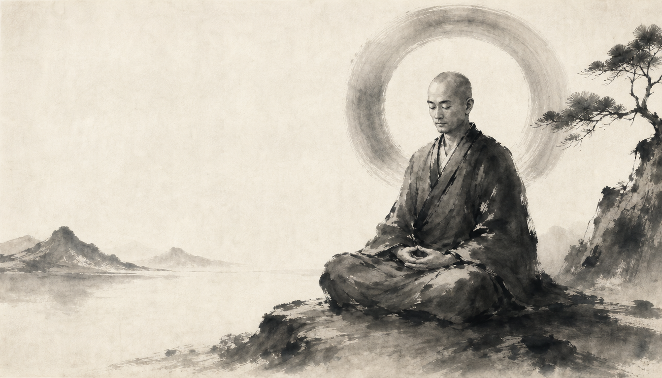 Meditating monk representing satori the japanese symbol for enlightenment