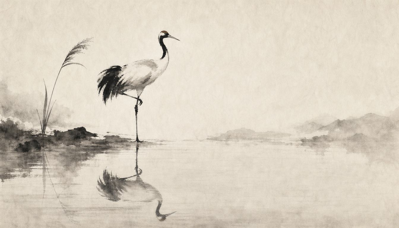 Crane and reflection evoking balance of the japanese symbol for enlightenment