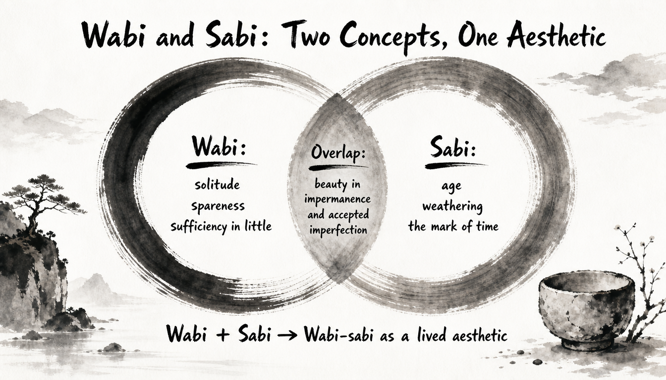 Venn diagram breaking down the wabi sabi meaning into its two component concepts