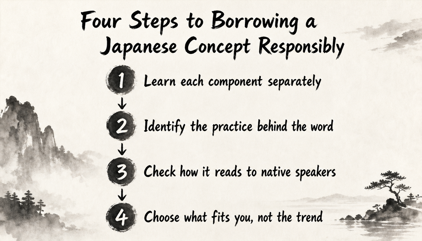 Process diagram showing how to research the wabi sabi meaning and other Japanese concepts responsibly